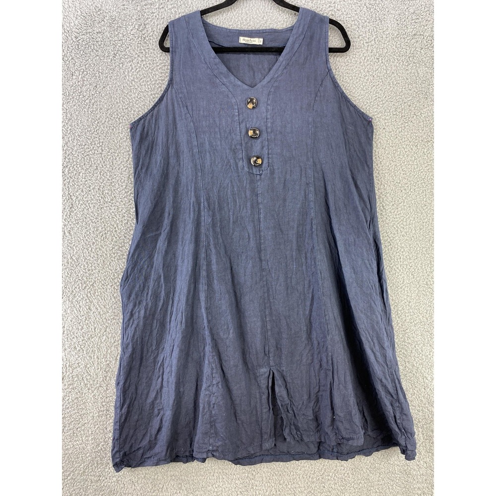 Alessia Pacini Dress‎ Womens 1X Blue Linen Sleeveless V Neck Swing Made Italy